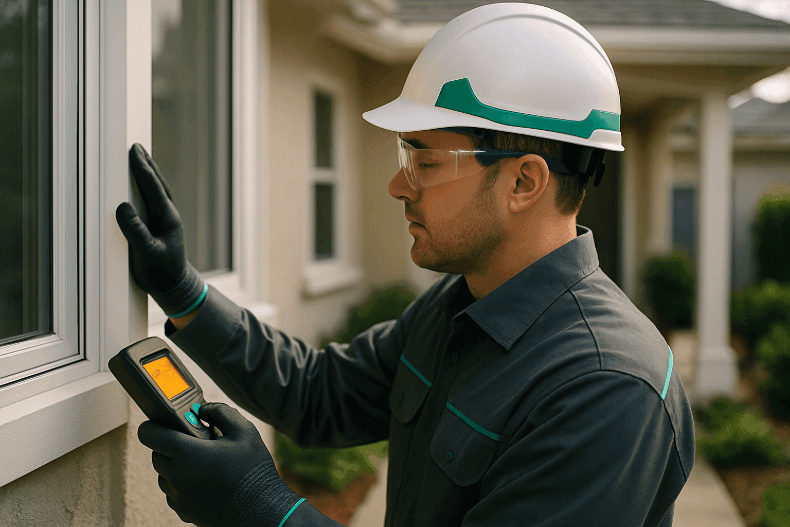 Home inspector wearing PPE exanes window frame with digital device at residential property exterior.