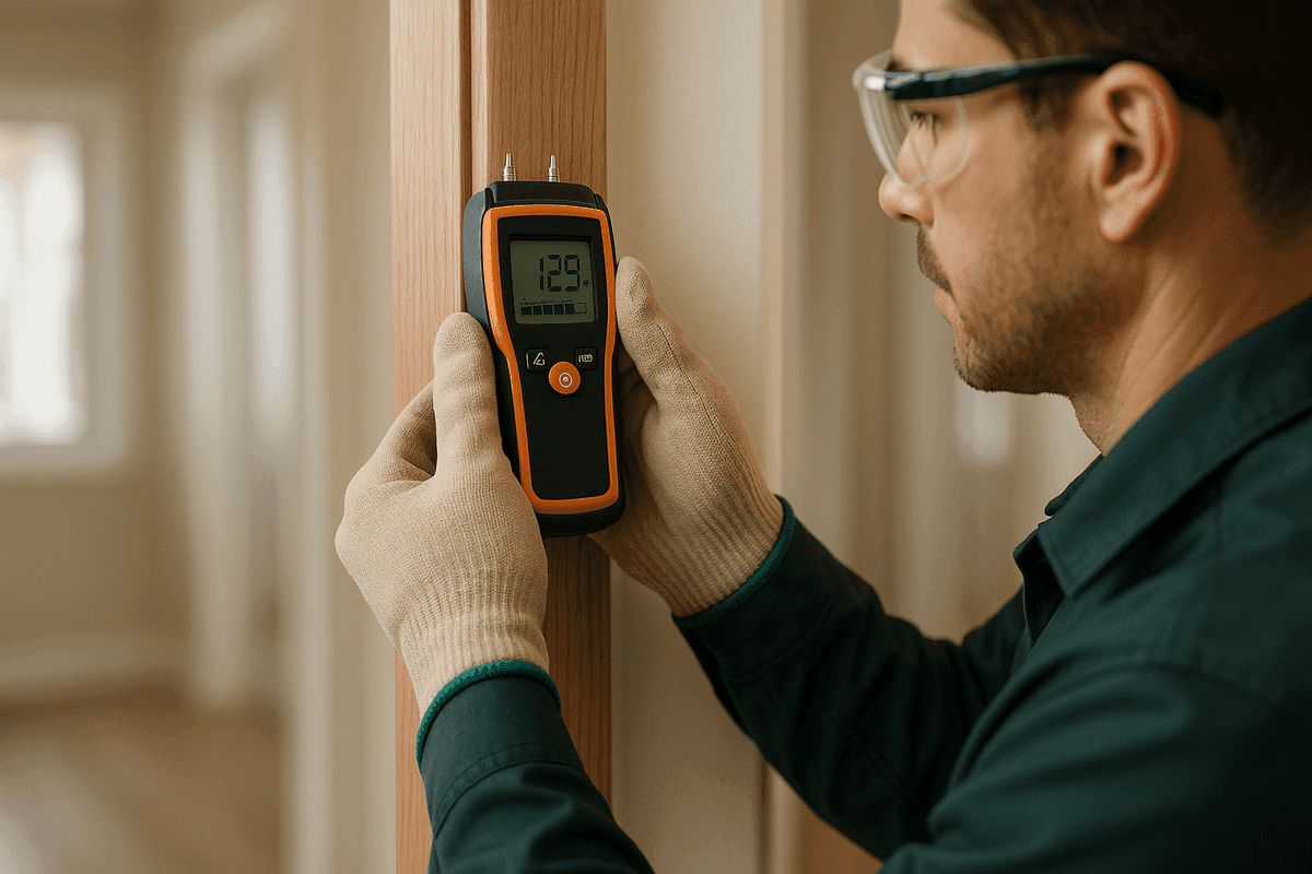 Inspector's gloved hands hold moisture meter against wooden door frame inside clean home interior.